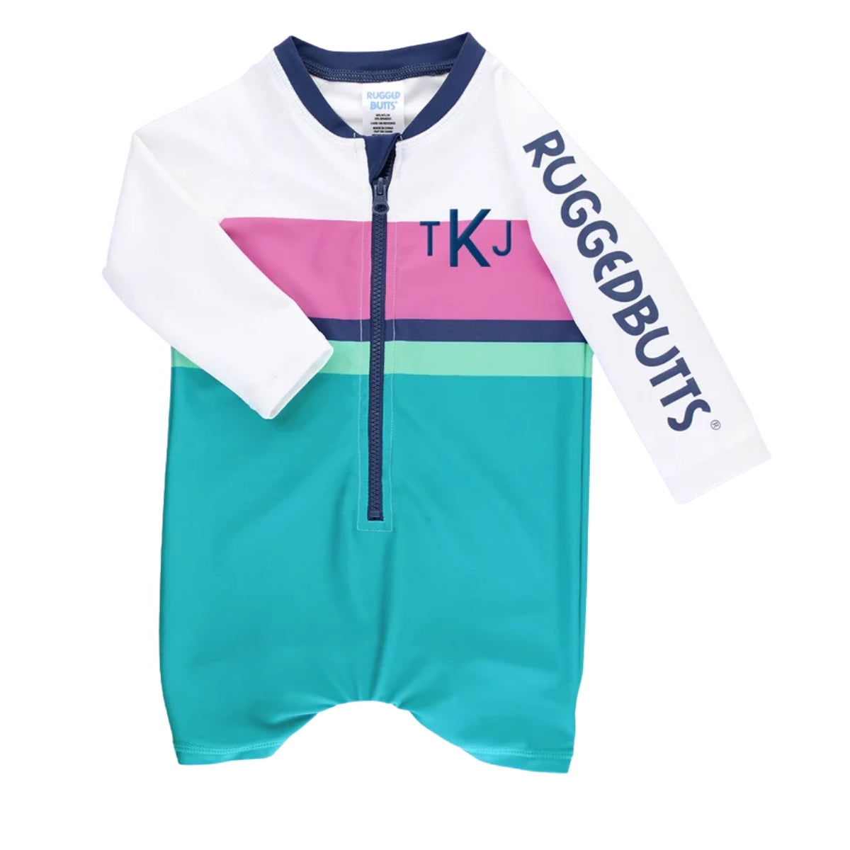 Rugged Butts Boys’ Logo Long Sleeve One Piece Rash Guard - Aqua Color Block - 2T - Sporty color block style