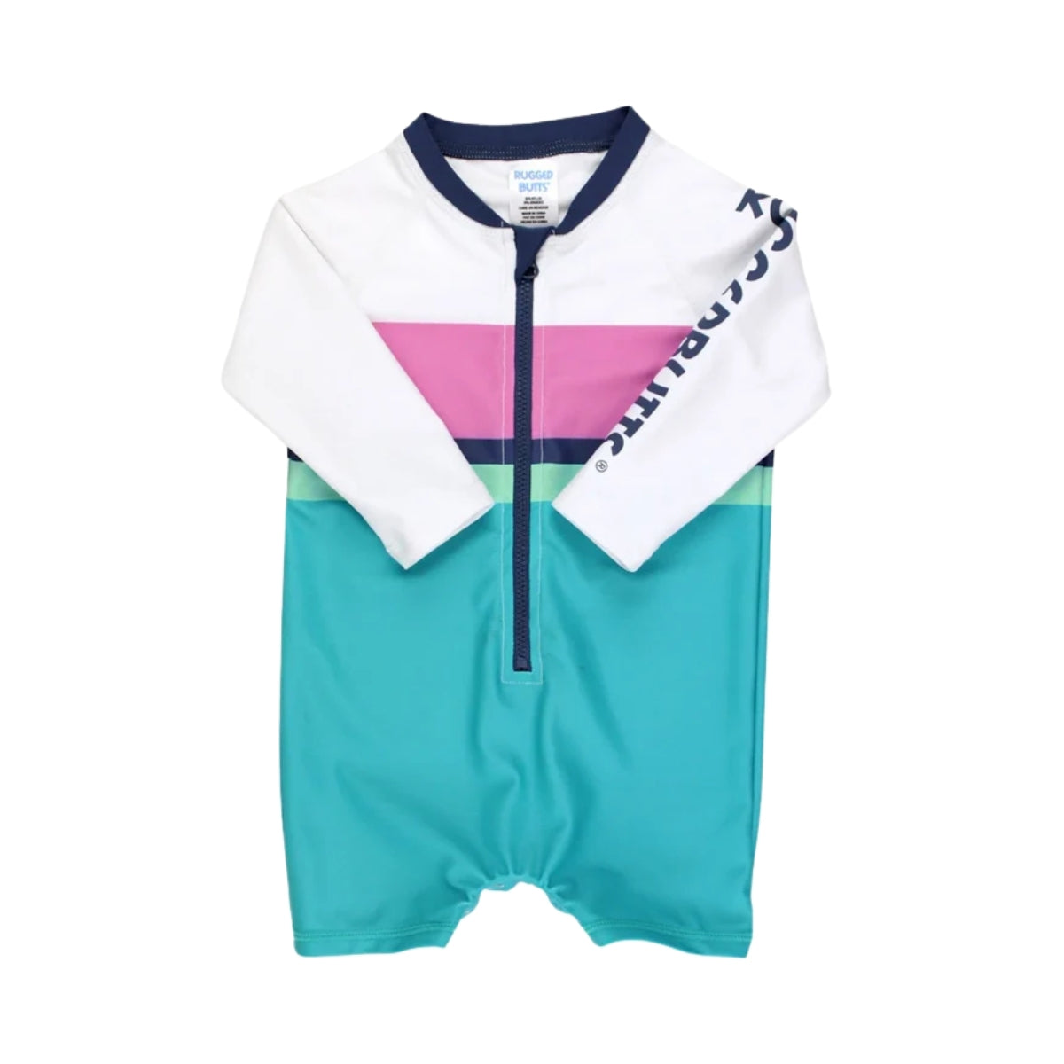 Rugged Butts Boys’ Logo Long Sleeve One Piece Rash Guard - Aqua Color Block - 2T - Easy on and off for parents